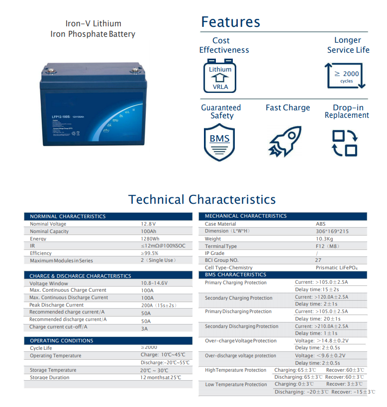12v 100ah Iron-V Lithium Iron Phosphate Battery